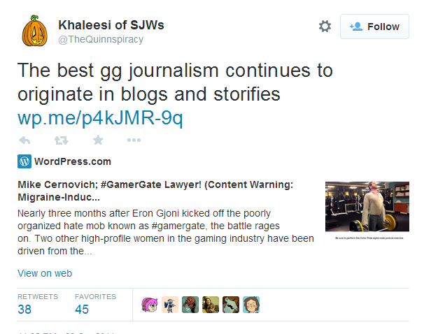 Khaleesi of SJWs on Twitter   The best gg journalism continues to originate in blogs and storifies http   t.co TlvH855QvG