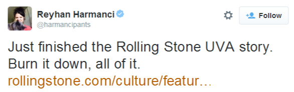 Reyhan Harmanci on Twitter   Just finished the Rolling Stone UVA story. Burn it down, all of it. http   t.co pZ7tLiOwaq