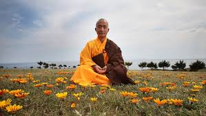 Buddhist meditating on Grass