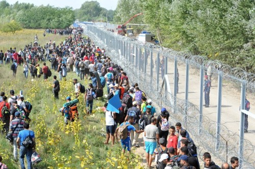 epa04931357 Migrants walk next to the razor wire fence at the Serbia-Hungary border, 15 September 2015. Hungary has sealed the last gap in the barricade along its border with Serbia, closing the passage to thousands of refugees and migrants still waiting on the other side. EPA/DARKO DOZET +++(c) dpa - Bildfunk+++