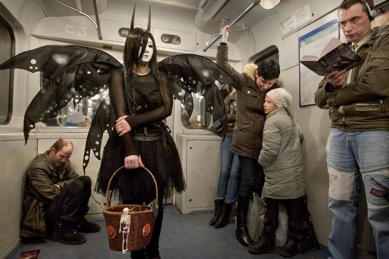 Halloween in Moscow's metro. Don't move, maybe it will go away from itself
