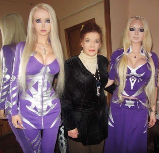 Valeria Lukyanova, the Ukrainian Barbie with her gran and a friend. Would you question mark