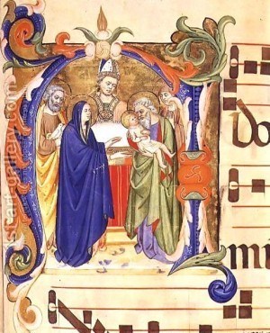 Ms-572-F.88r-Historiated-Initial-$27n$27-Depicting-The-Presentation-In-The-Temple-From-An-Antiphon-From-Santa-Maria-Del-Carmine,-Florence