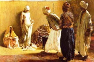 Muslim sheikhs examines a slave-girl for purchase