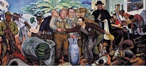 Diego Rivera’s famous mural: “Gloriosa Victoria”, depicting the Dulles brothers, the American ambassador Peurifoy, and Eisenhower’s face on a bomb greeting Castillo Armas, who seized power in a U.S. backed coup
