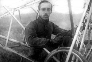c. 1909. Alberto Santos-Dumont, the renowned aeronaut and first person to fly outside the United States, sits in his Demoiselle monoplane. Credit: Archive Photos.