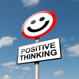Illustration depicting a road traffic sign with a positive thinking concept. Blue sky background.