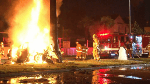 The just-leased Mercedes C250 coupe of another whistle-blower, journalist Michael Hastings, aflame after a mysterious high speed impact in 2012