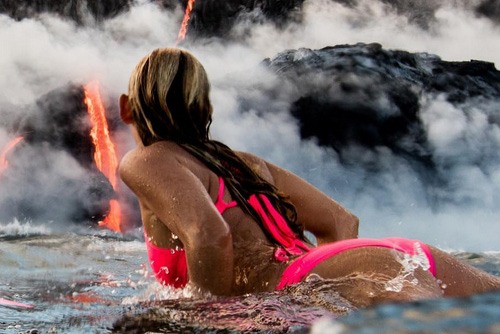 Some weeks ago, Alison Teal was busy showing herself near an erupting volcano. Notice another strategic part-displaying of her butt.